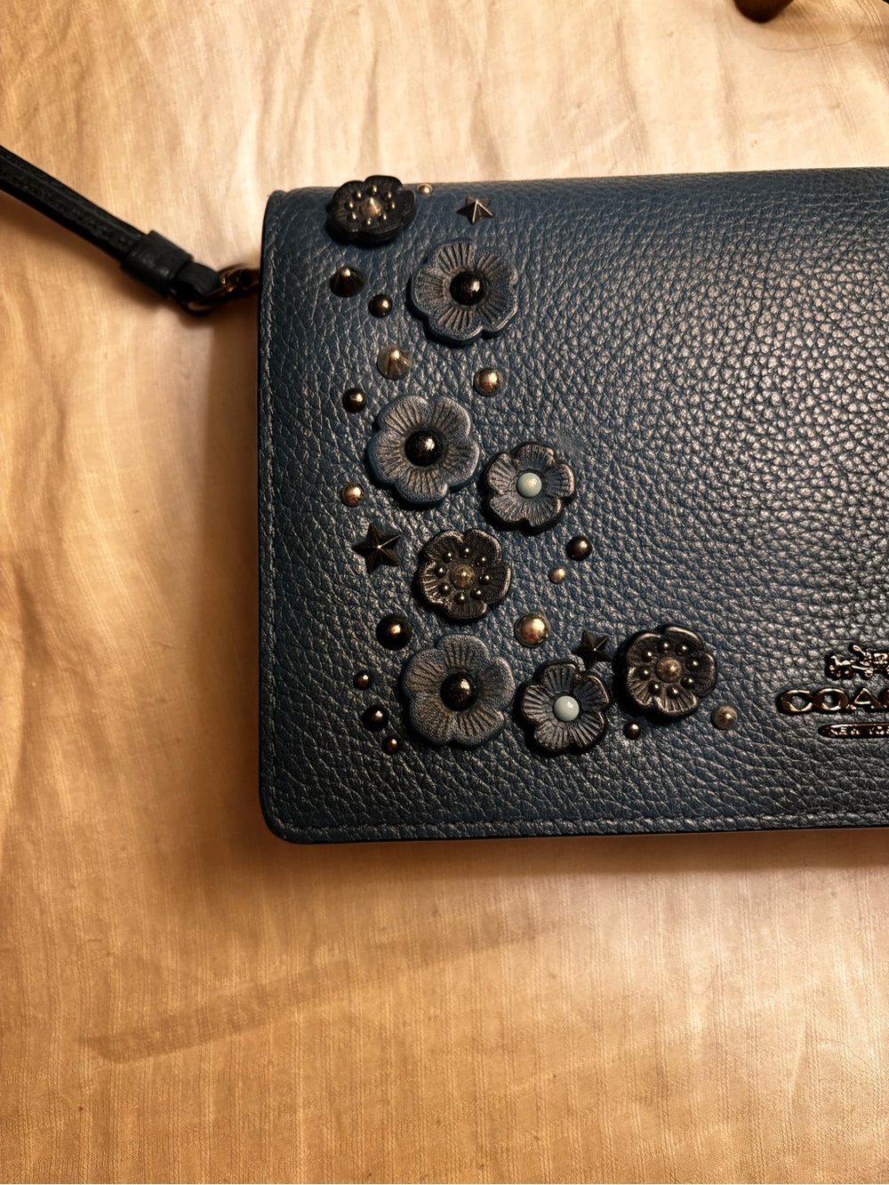 Coach Phone Crossbody – Dark Blue Pebbled Floral & Studs– Like New - Picture 5 of 9